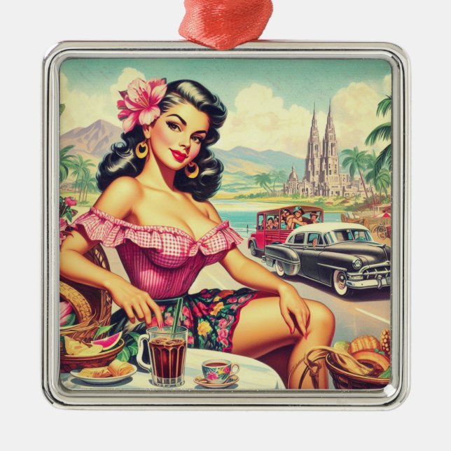 Retro Beauty Hispanic Girl Metal Tree Decoration (Front)