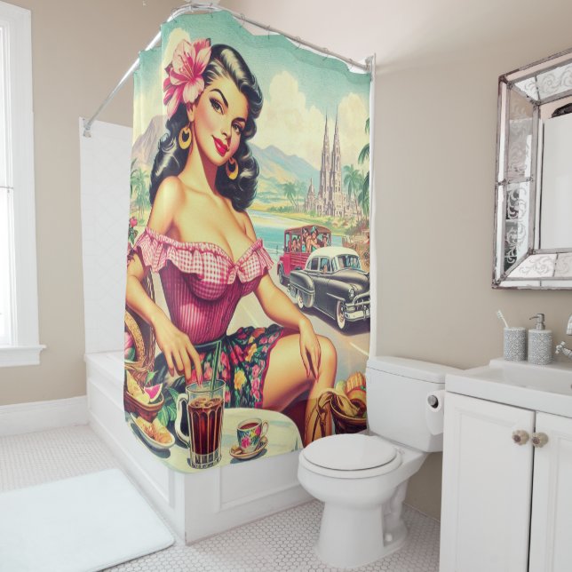 Retro Beauty Hispanic Girl Shower Curtain (In Situ)