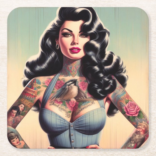 Retro Beauty Tattooed Pin up Square Paper Coaster (Front)