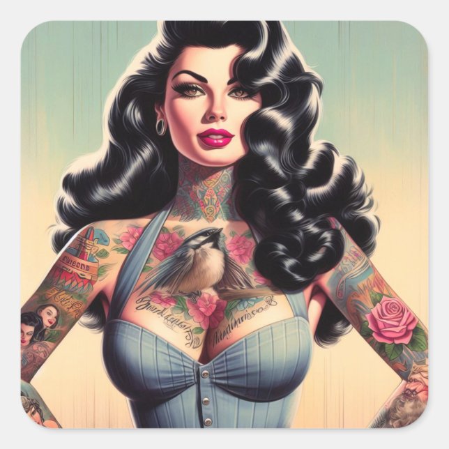 Retro Beauty Tattooed Pin up Square Sticker (Front)