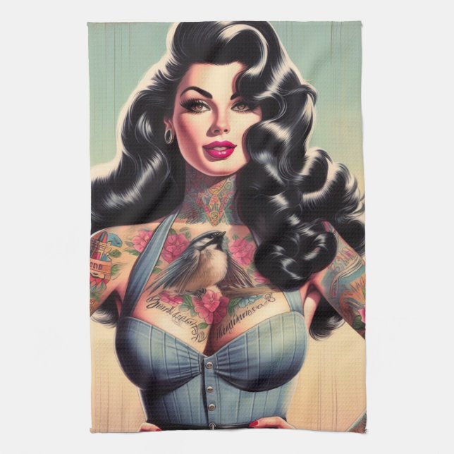 Retro Beauty Tattooed Pin up Tea Towel (Vertical)