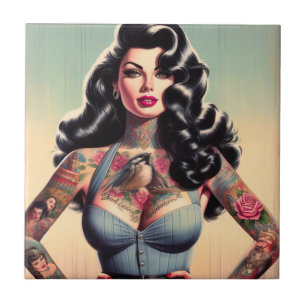 Retro Beauty Tattooed Pin up Tile