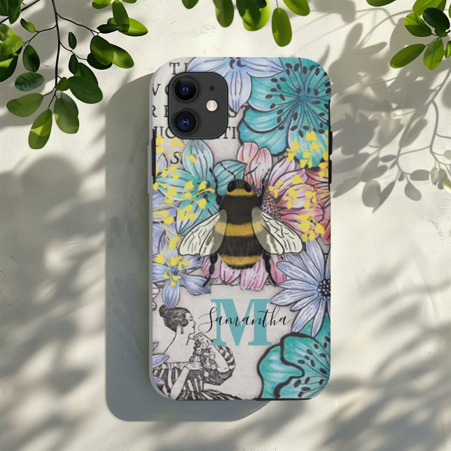 Retro Bee Floral Monogram iPhone Case (Creator Uploaded)