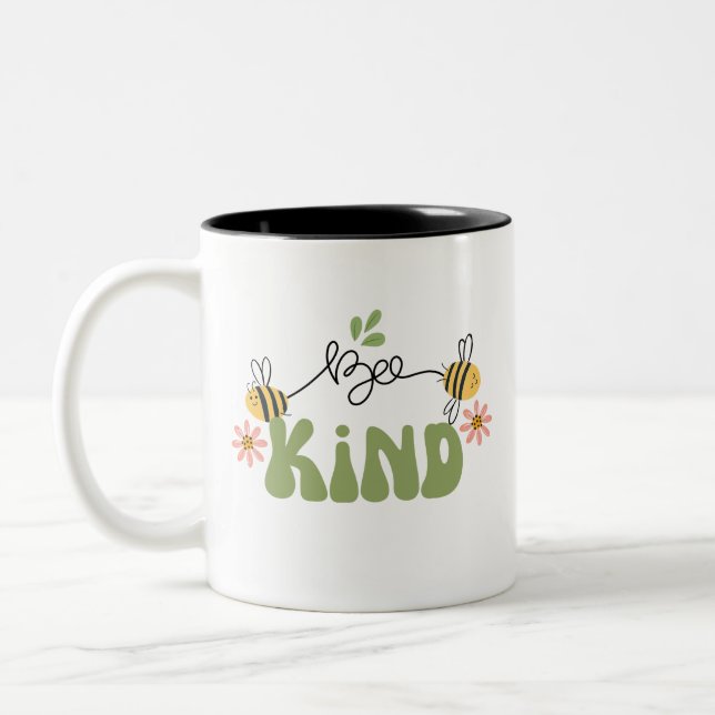 Retro "Bee Kind" Coffee Mug, Great gifts  Two-Tone Coffee Mug (Left)