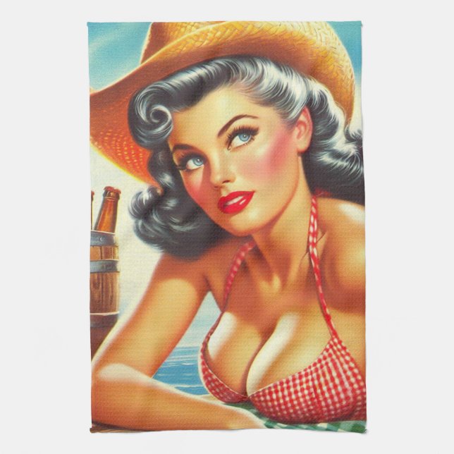 Retro Beer Country Girl Tea Towel (Vertical)