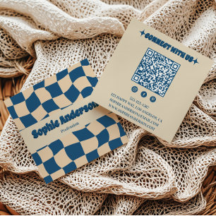 Retro Beige & Blue Wavy Checkerboard with QR Code  Square Business Card