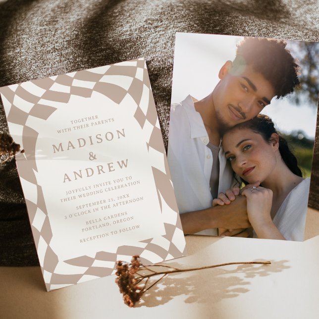 Retro Beige Chequerboard Photo Wedding Invitation (Creator Uploaded)