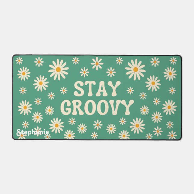 Retro Beige Daisies Stay Groovy Green Script Name Desk Mat (Front)