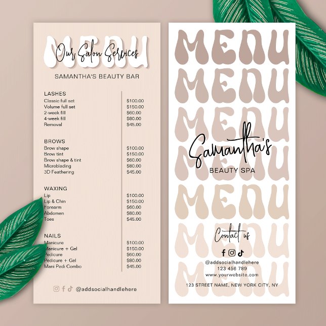 Retro Beige Groovy Makeup Artist Salon Price List Rack Card (Impress your clients with this trendy business price list in cream & white with groovy fonts)