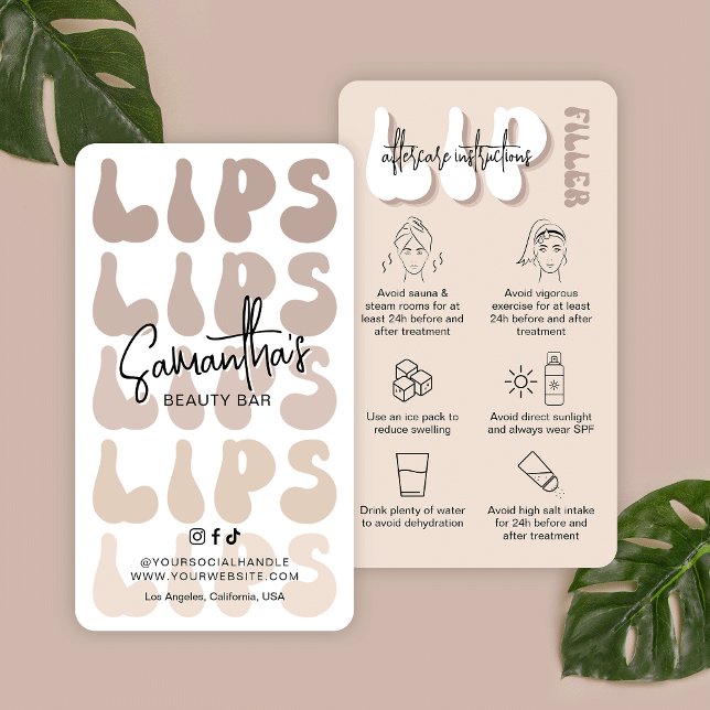Retro Beige Logo Lip Filler Post Treatment Care Business Card (Trendy lip filler aftercare instructions with retro fonts, care icons and space for your details)