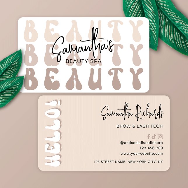Retro Beige Modern Girly Lash Beauty Salon or Spa Business Card (Embrace the retro charm with this trendy beige beauty business card design)