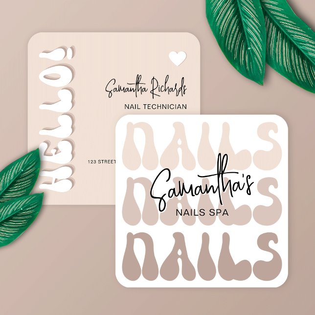 Retro Beige Modern Nail Artist Salon Manicure Square Business Card (Trendy beige nails technician business cards with retro fonts)