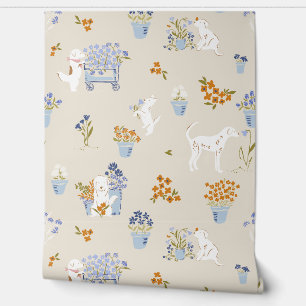 Retro Beige Puppy Dog Flower Shop Wallpaper