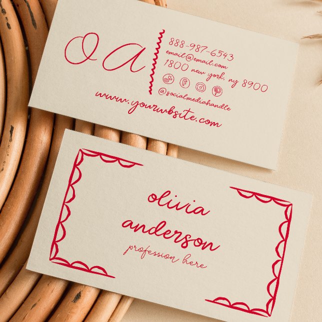 Retro Beige Red Hand Written Drawn Boho Girly Business Card (Creator Uploaded)