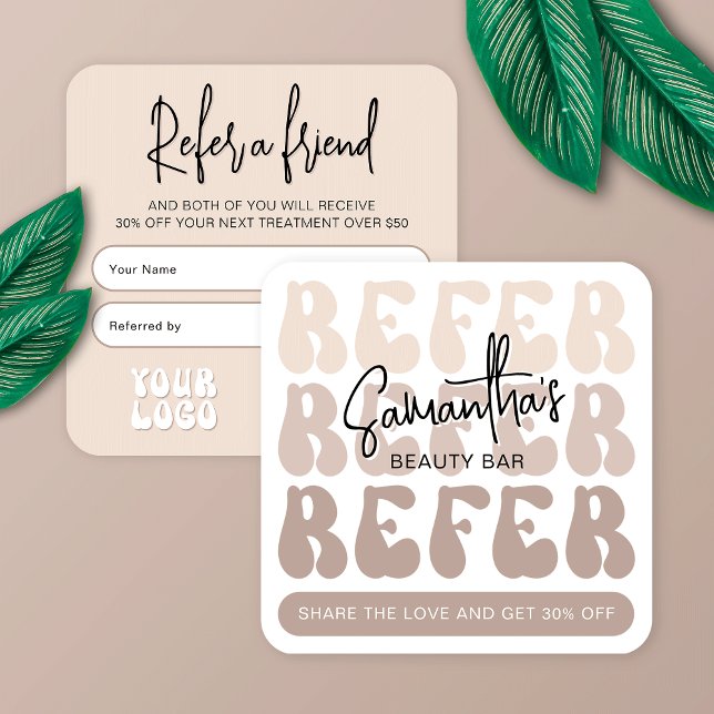 Retro Beige Refer a Friend Modern Logo Lash Salon Referral Card (Impress your clients with this modern referral card design featuring retro groovy fonts)
