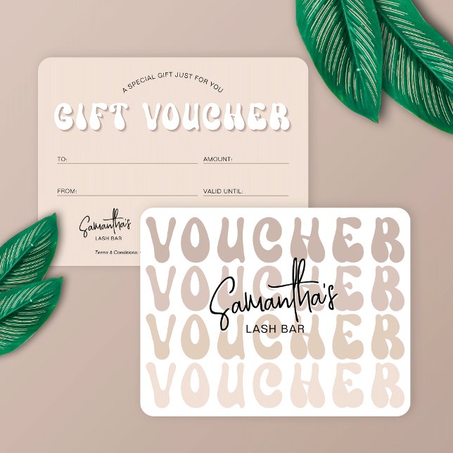 Retro Beige Trendy Beauty Salon Logo Gift Voucher Card (Embrace the nostalgia with these beige and white retro gift vouchers)