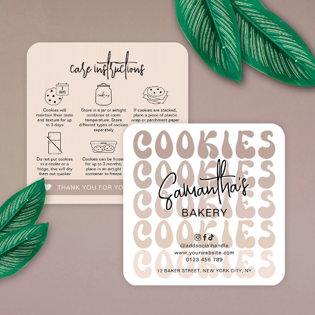 Retro Beige Trendy Sugar Cookies Care Instructions Square Business Card (Modern cookie care cards in neutral beige hues with retro fonts and care icons)
