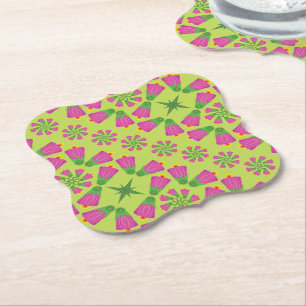 Retro Bell Flower Mandalas Green Paper Coasters