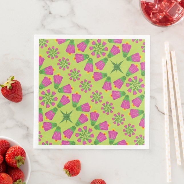 Retro Bell Flower Mandalas Green Paper Napkins (Insitu)