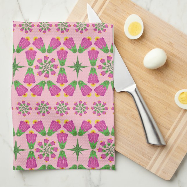 Retro Bell Flower Mandalas Pink Kitchen Towel (Quarter Fold)