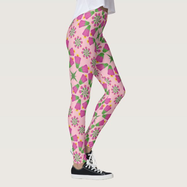 Retro Bell Flower Mandalas Pink Leggings (Right)