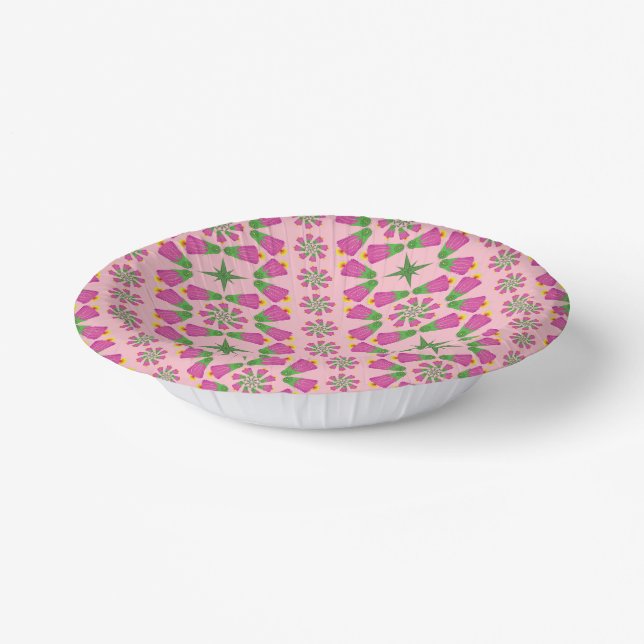 Retro Bell Flower Mandalas Pink Paper Bowls Paper Plate (Angled)