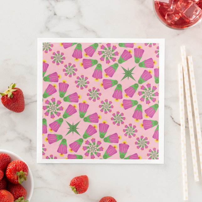 Retro Bell Flower Mandalas Pink Paper Napkins (Insitu)