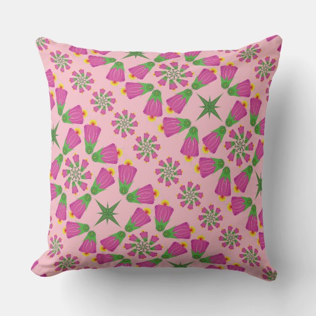 Retro Bell Flower Mandalas Pink Throw Pillow (Front)