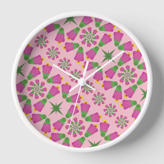 Retro Bell Flower Mandalas Pink Wood Framed Clock (Front)