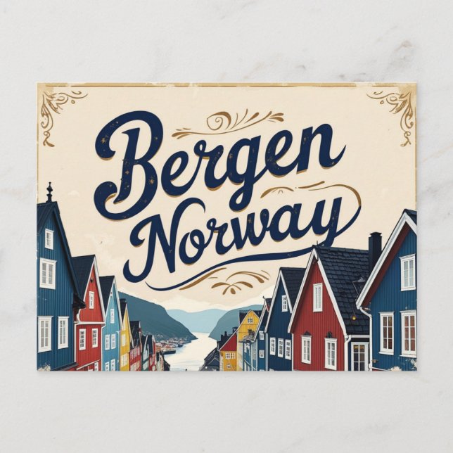 Retro Bergen Harbour View Postcard (Front)