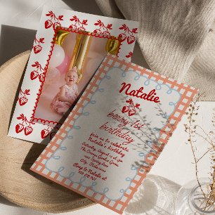 Retro Berry 1st Drawn Strawberry Photo Birthday Invitation