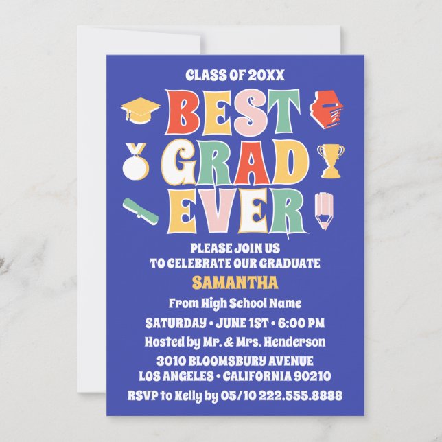 Retro Best Grad Ever Blue Graduation Party Invitation (Front)