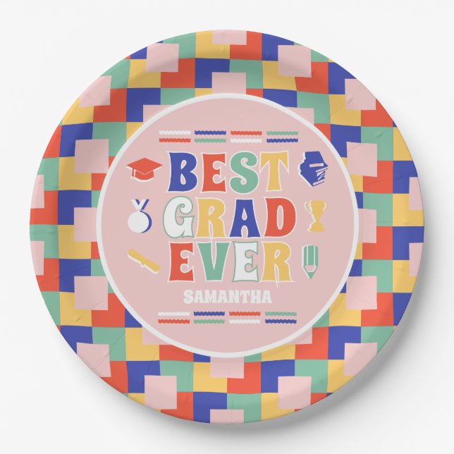 Retro Best Grad Ever Pink Graduation Party  Paper Plate (Front)