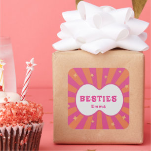Retro Besties Pink & Orange Sunburst Personalized  Square Sticker