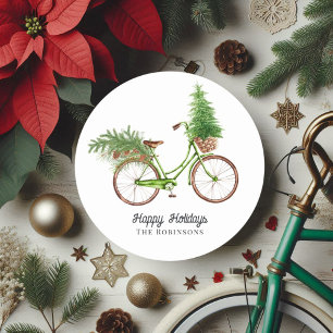 Retro Bicycle Christmas Tree and Pines Holiday Classic Round Sticker