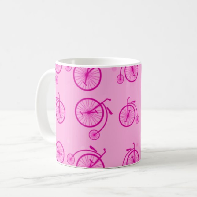 Retro Bicycle Pattern on Pink Background  Coffee Mug (Front Left)