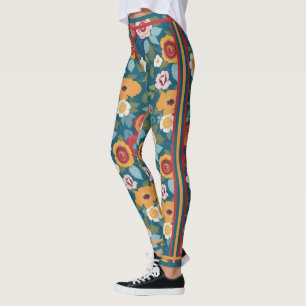 Retro Big Floral Print on Teal with Racing Stripes Leggings