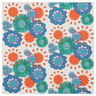 Retro Big Flowers Blue Orange Mix Floral Design Fabric