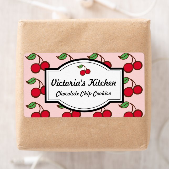 Retro Big Pink Cherry Personalised Kitchen Labels (Insitu)