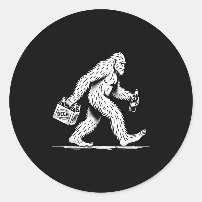 Retro Bigfoot Drinking Beer – Funny Sasquatch  Classic Round Sticker (Front)