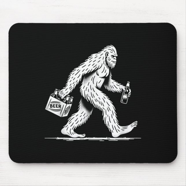 Retro Bigfoot Drinking Beer – Funny Sasquatch  Mouse Mat (Front)