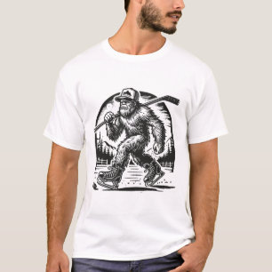 Retro Bigfoot Hockey Funny Sasquatch Bigfoot Playi T-Shirt