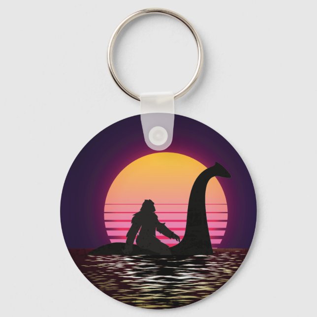 Retro Bigfoot Riding The Loch Ness Basic Button Key Ring (Front)