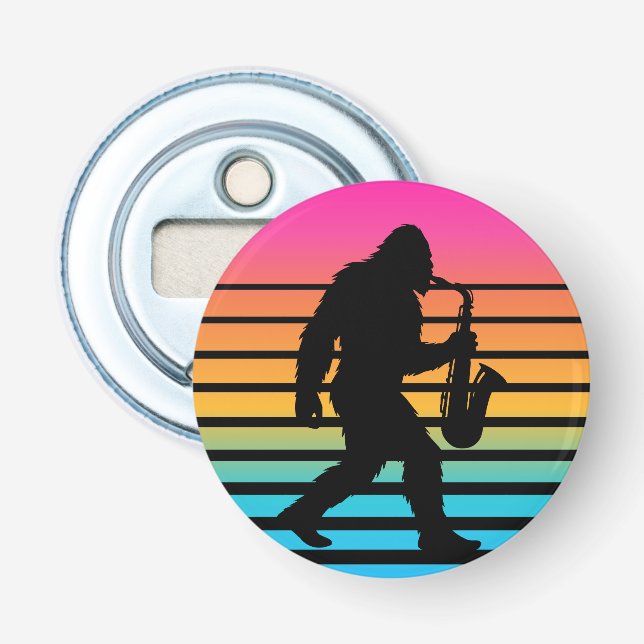 Retro Bigfoot Saxophone Sunset Bottle Opener (Front)