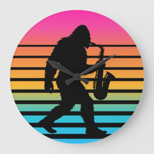 Retro Bigfoot Saxophone Sunset Large Clock