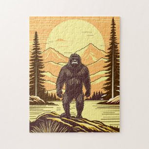 Retro Bigfoot Vintage Sasquatch Mountains   Jigsaw Puzzle