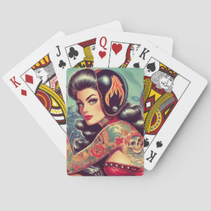 Retro Biker Girl Playing Cards