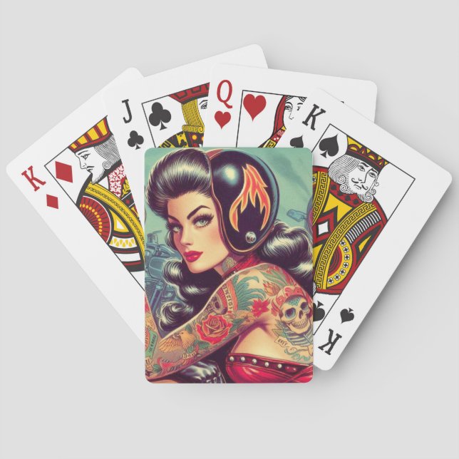 Retro Biker Girl Playing Cards (Back)