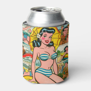 Retro Bikini Girl Summer Comics Can Cooler