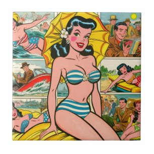 Retro Bikini Girl Summer Comics Tile